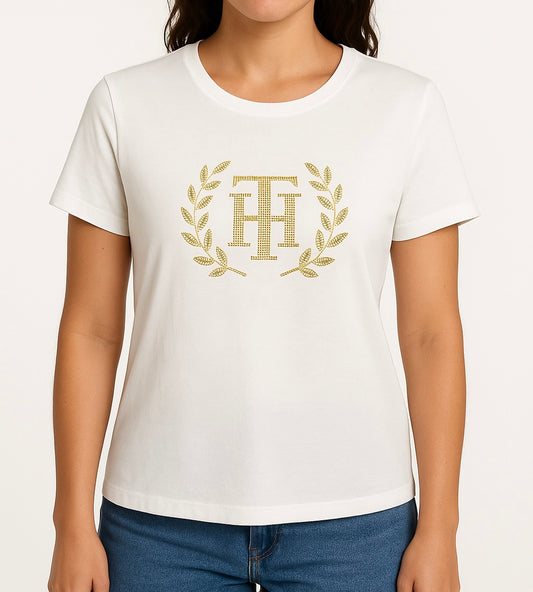 Blusa TH mujer blanca con pedrería dorada