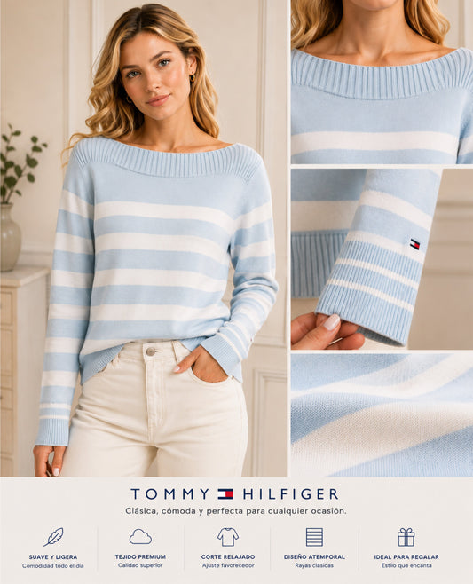 Blusa TH tejida celeste con blanco