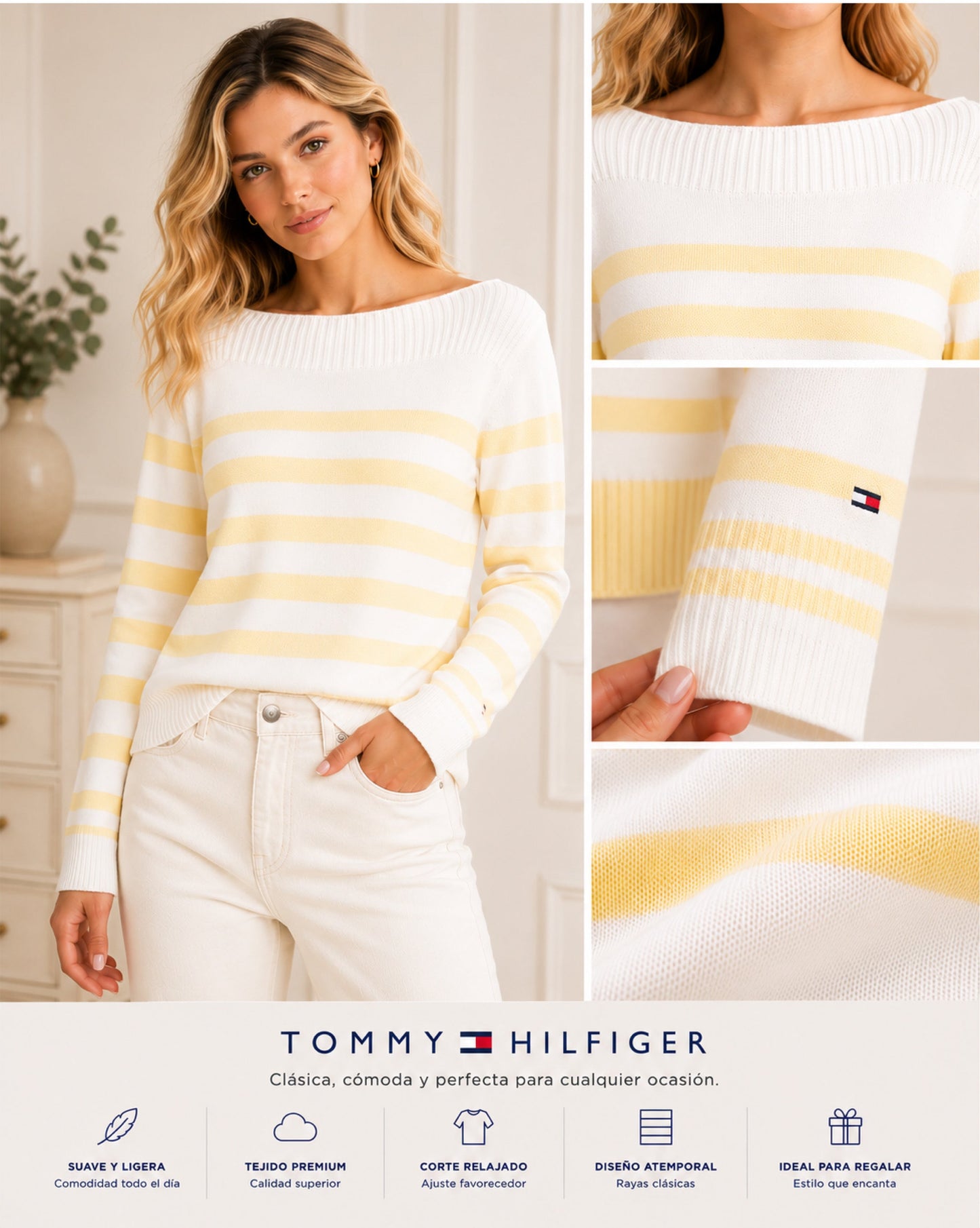 Blusa TH tejida rayas blanco con amarillo