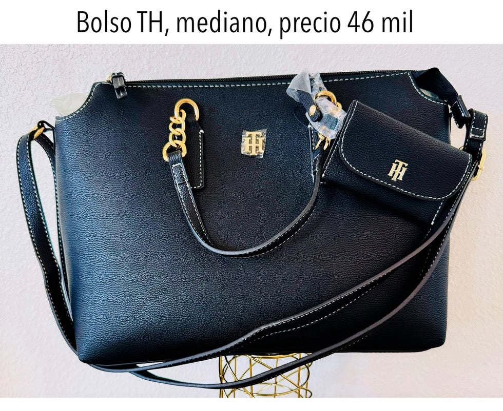 Bolso Manos Libres mediano TH negro cuero con monedero mujer