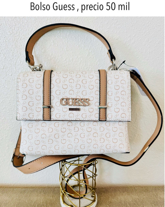 Bolso Manos Libres Guess blanco beige estampado mujer