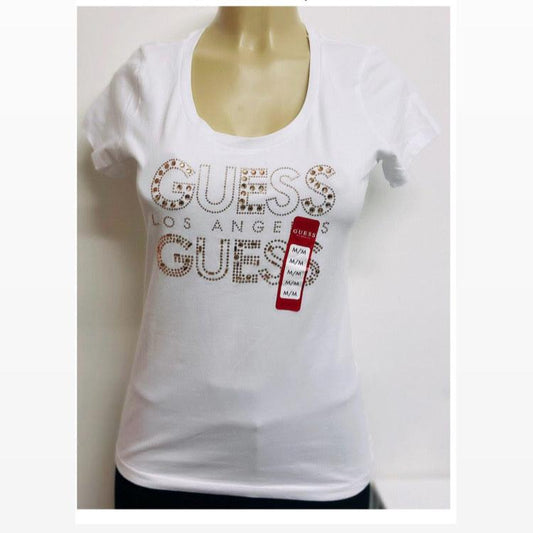 Blusa Guess blanco brillantes oro rosa