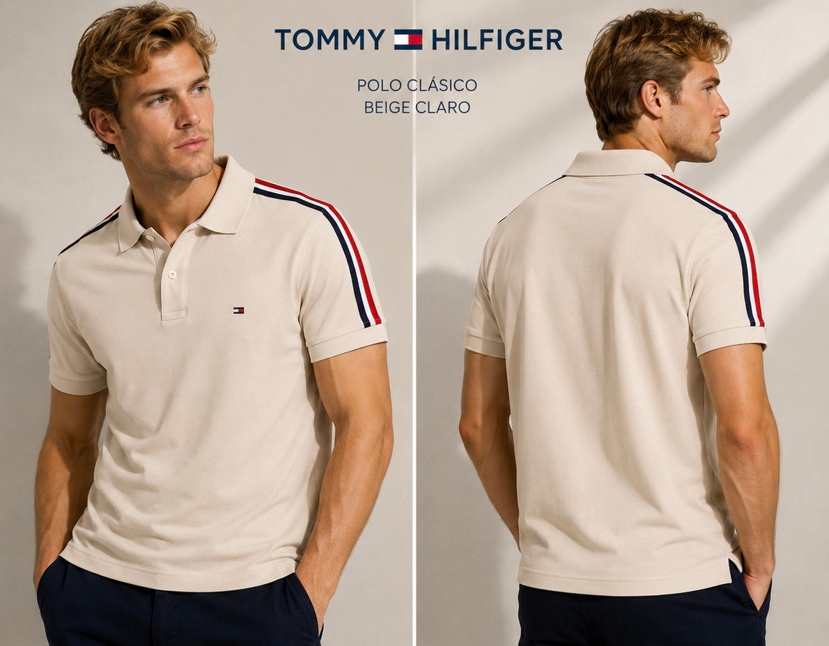 Camisa TH hombre tipo polo beige con detalles en los hombros