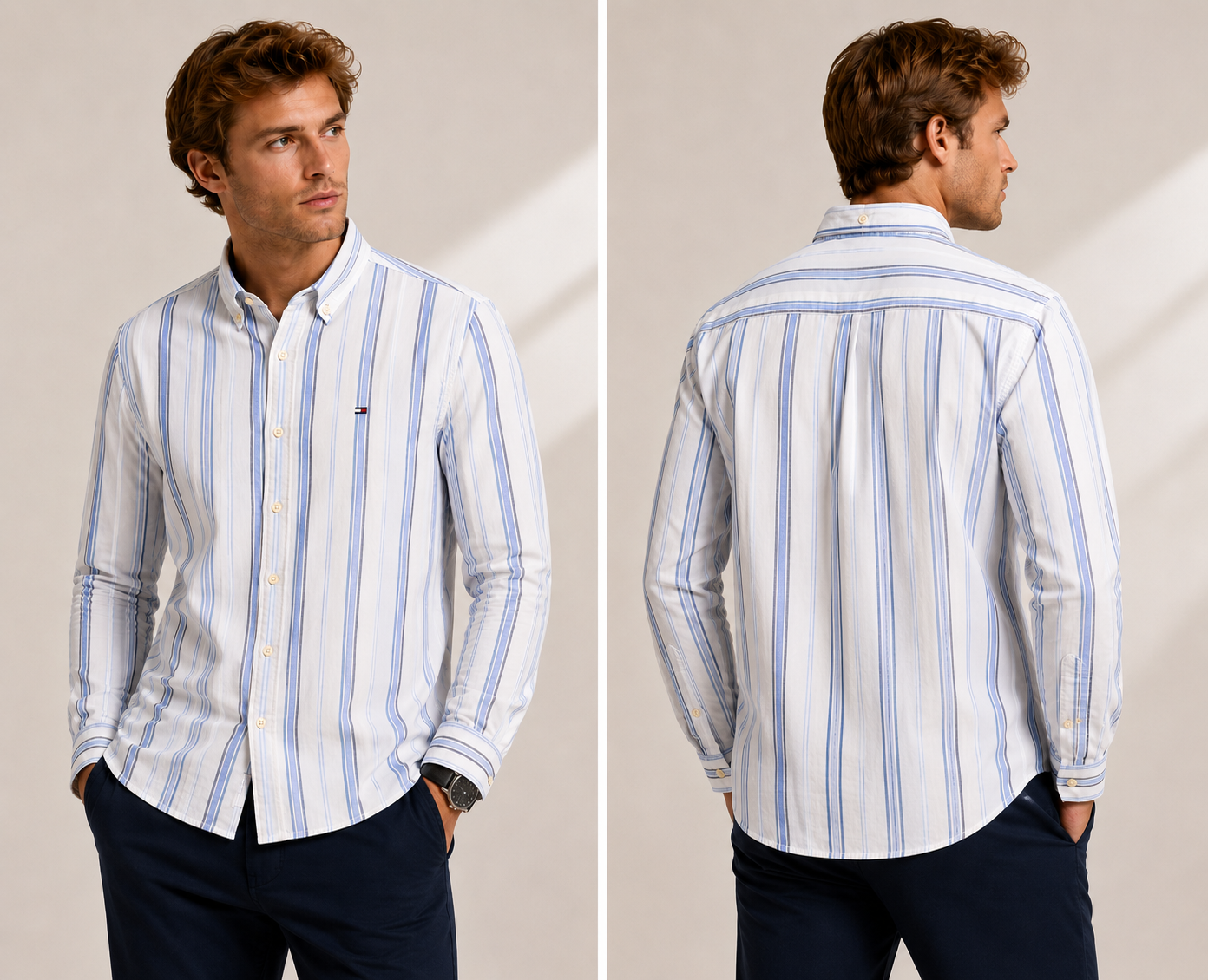 Camisa TH blanca rayas celeste y gris manga larga