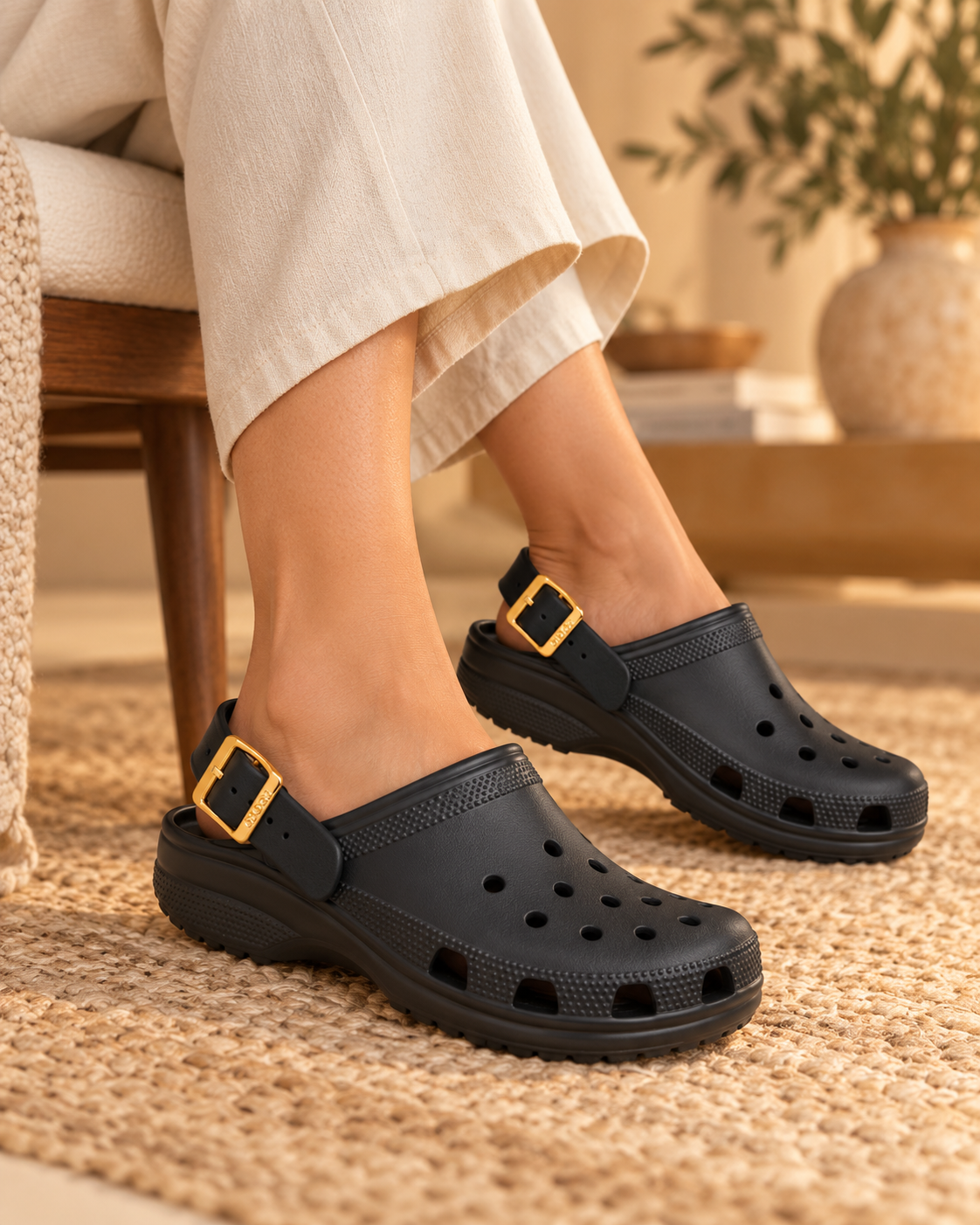 Crocs negros con dorado