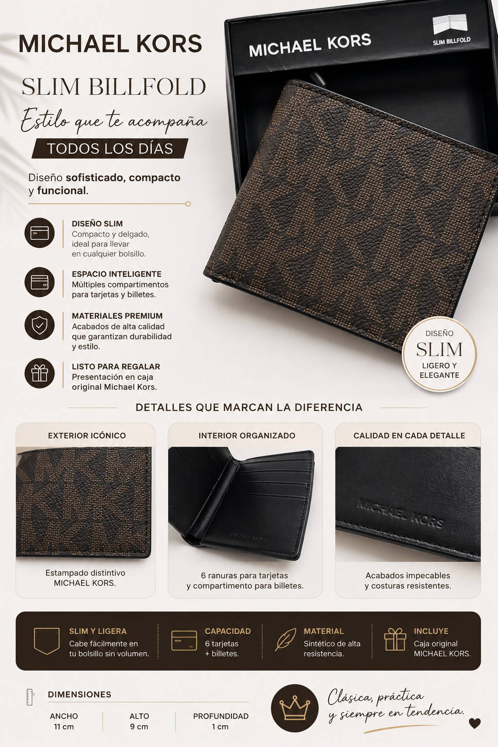Billetera MK con estampado café