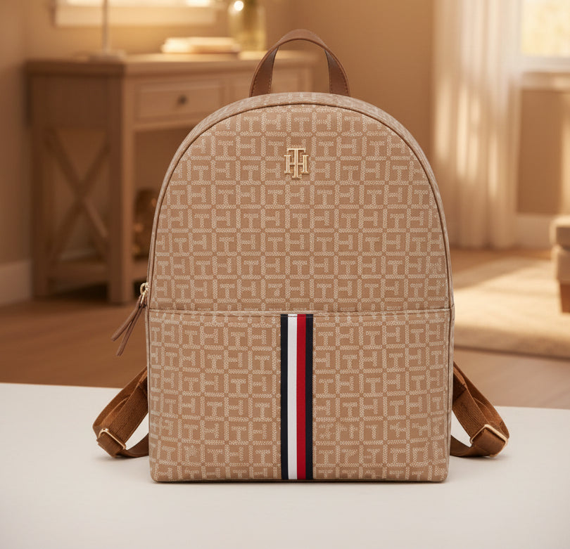 Mochila TH beige estampado con franjas