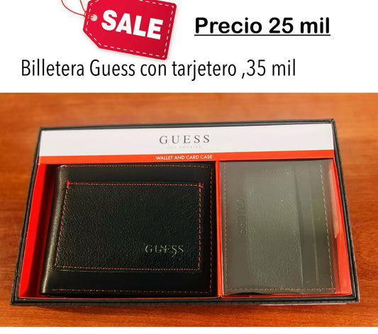 Billetera y tarjetero Guess negro costuras en rojo