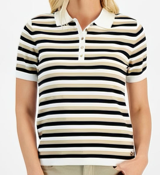 Blusa TH tipo polo rayas dorado blanco negro mujer