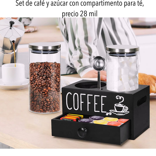 Soporte con recipiente de café, azúcar y té