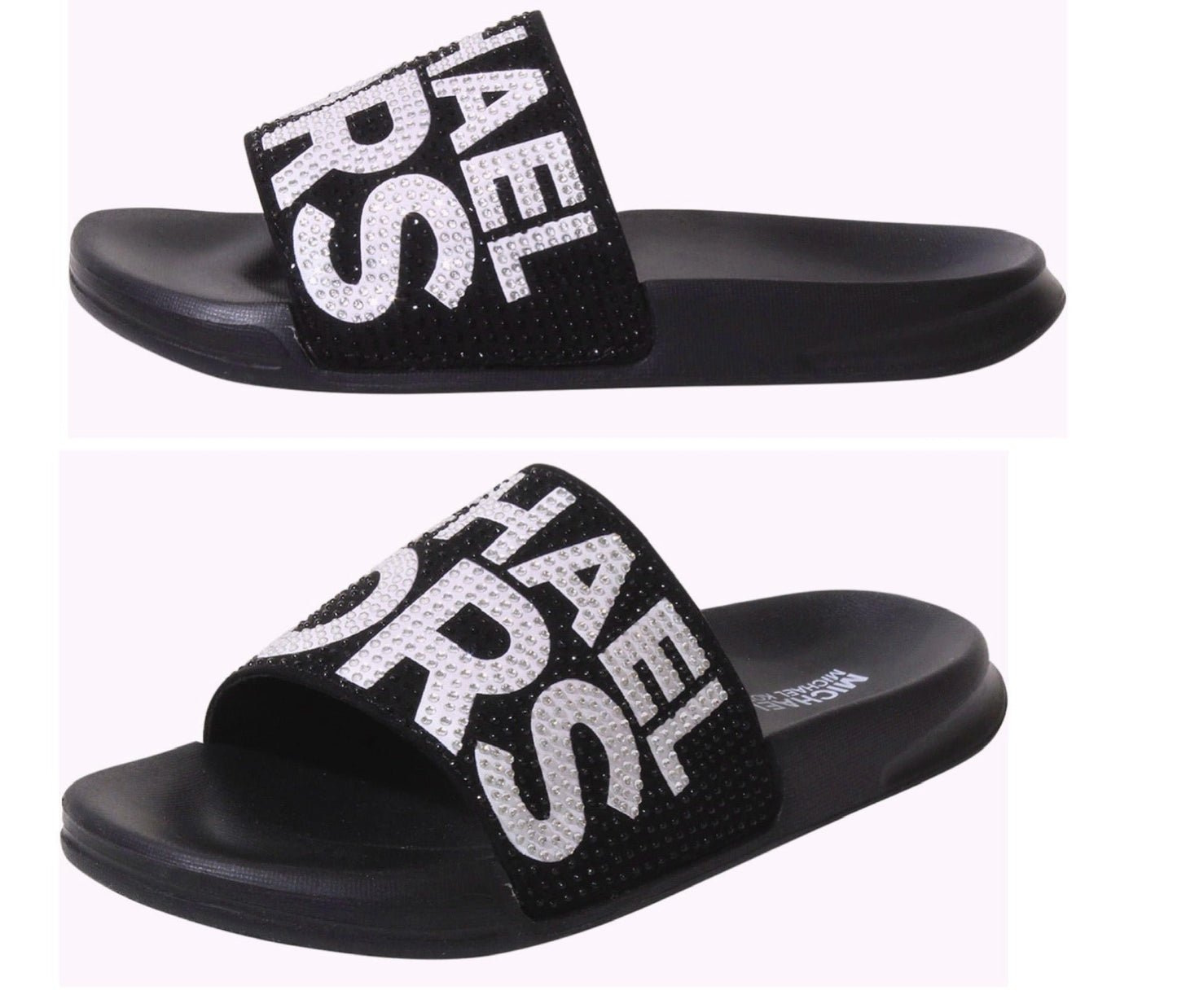 Sandalias MK brillantes negro blanco mujer