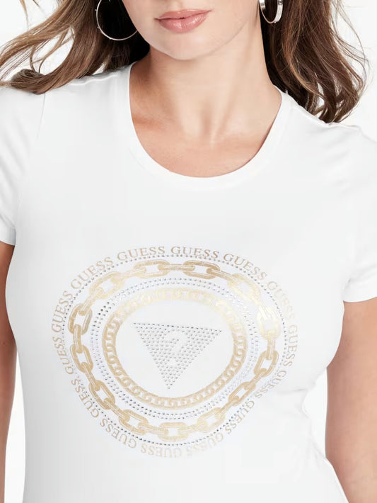 Blusa Guess blanco logo brillante cadena mujer