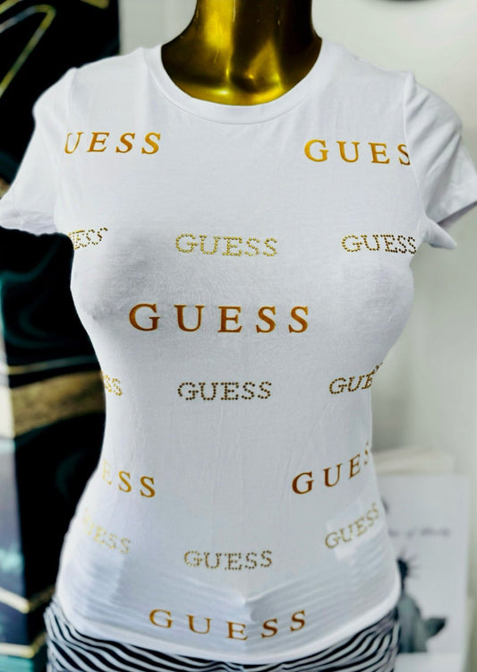 Blusa Guess blanco estampada dorado