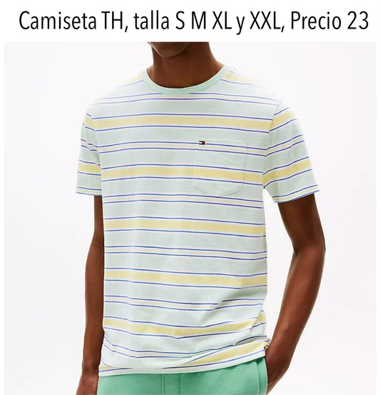 Camiseta TH menta con rayas amarillas y azul