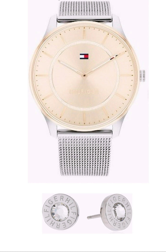 Reloj TH  Dama plateado con detalle en oro rosa y pendientes incluidos