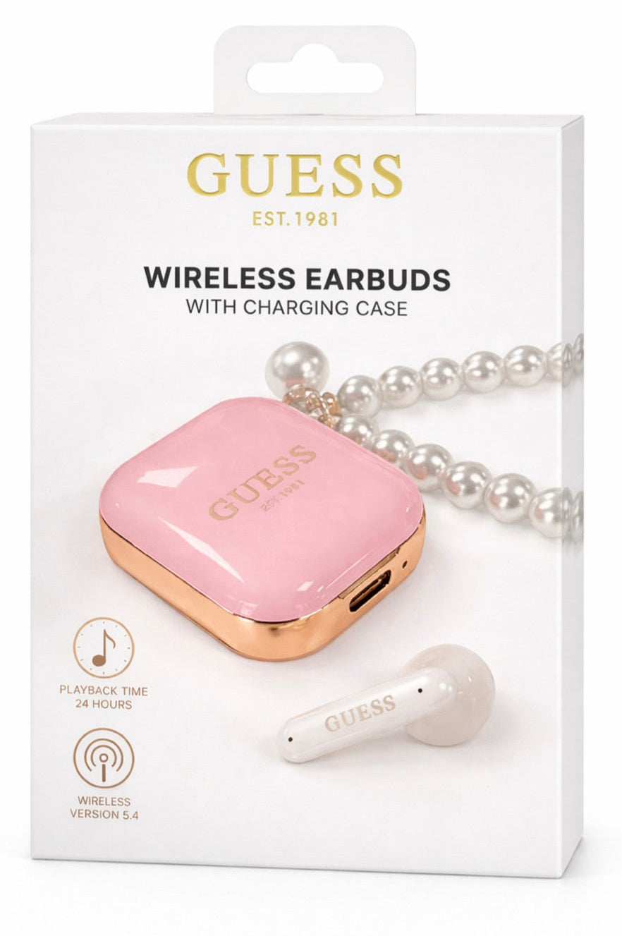 Audifonos Guess estuche rosado y dorado.