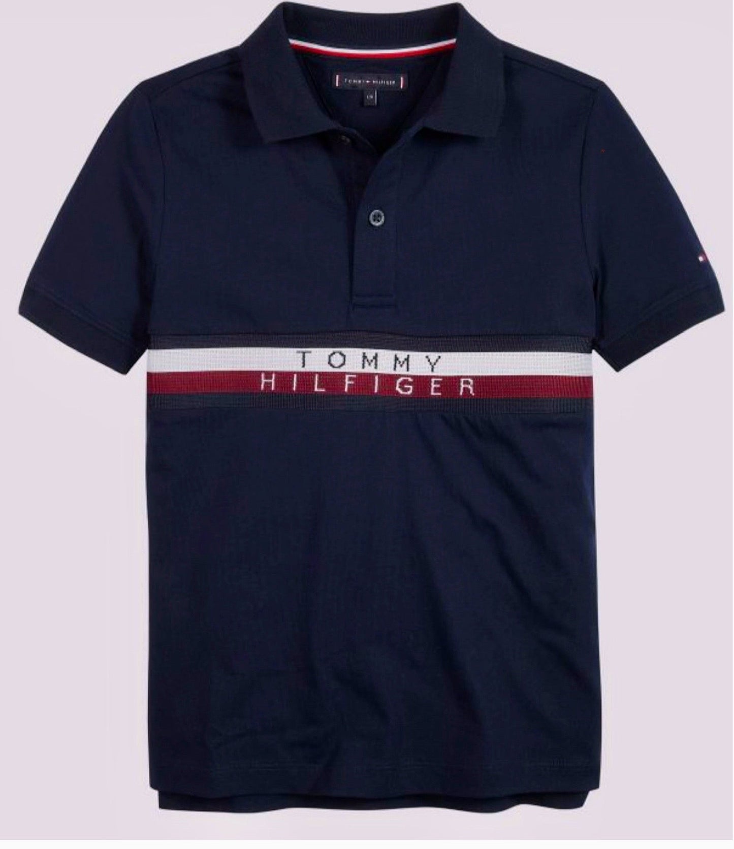 Camisa TH tipo polo azul raya roja blanco niño