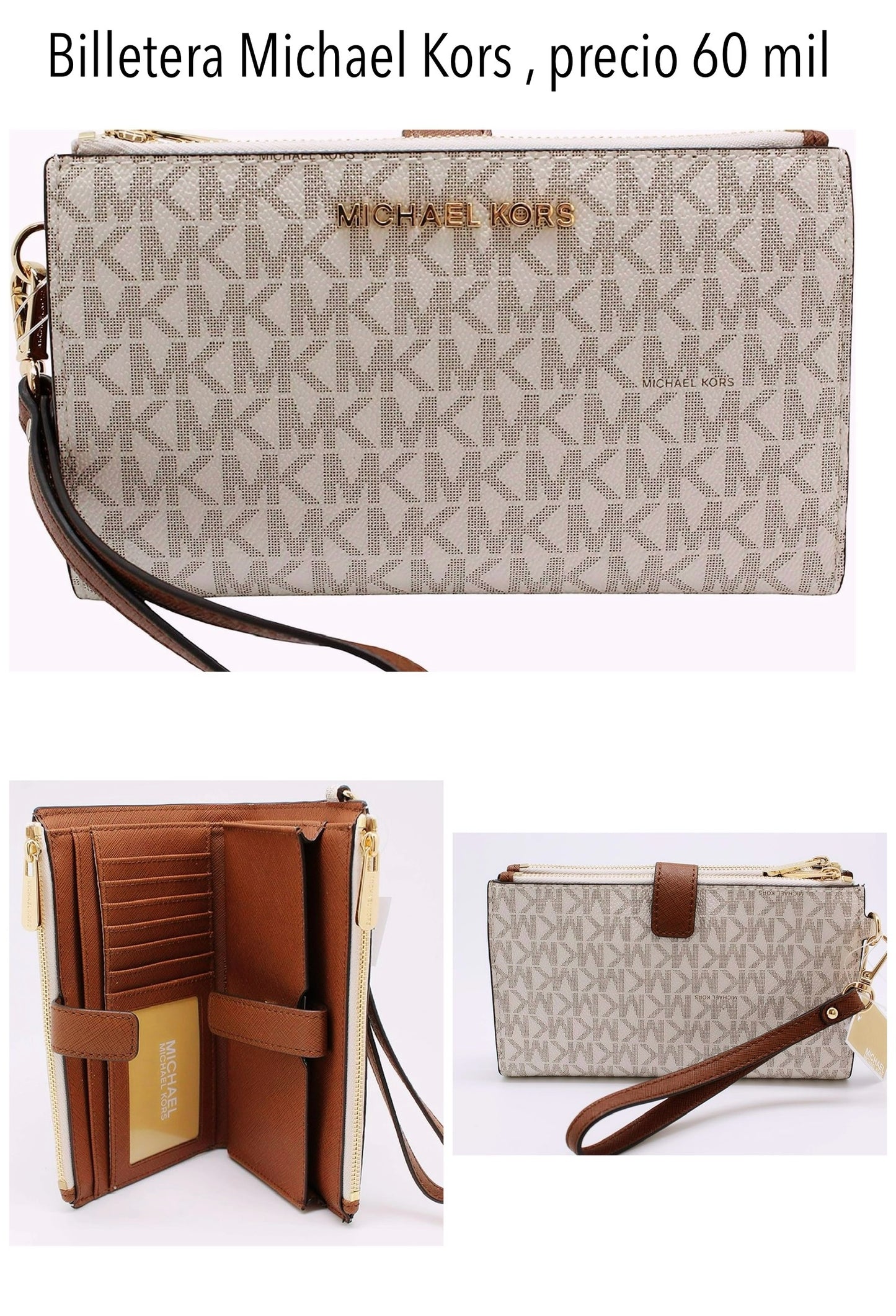 Billetera MK vainilla beige doble zipper mujer