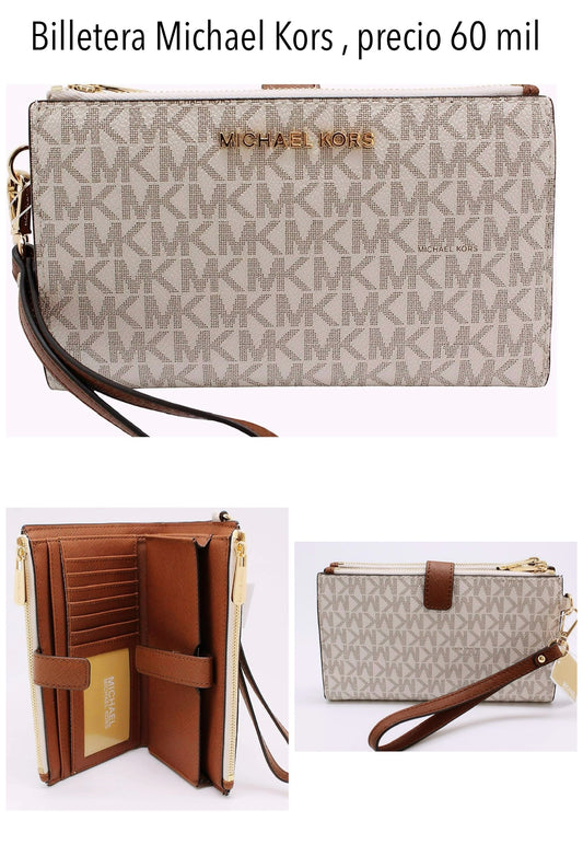 Billetera MK vainilla beige doble zipper mujer