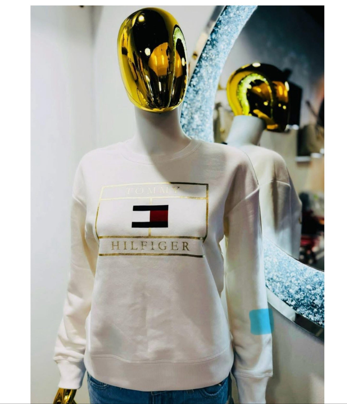 Sudadera sueter TH blanco logo dorado mujer