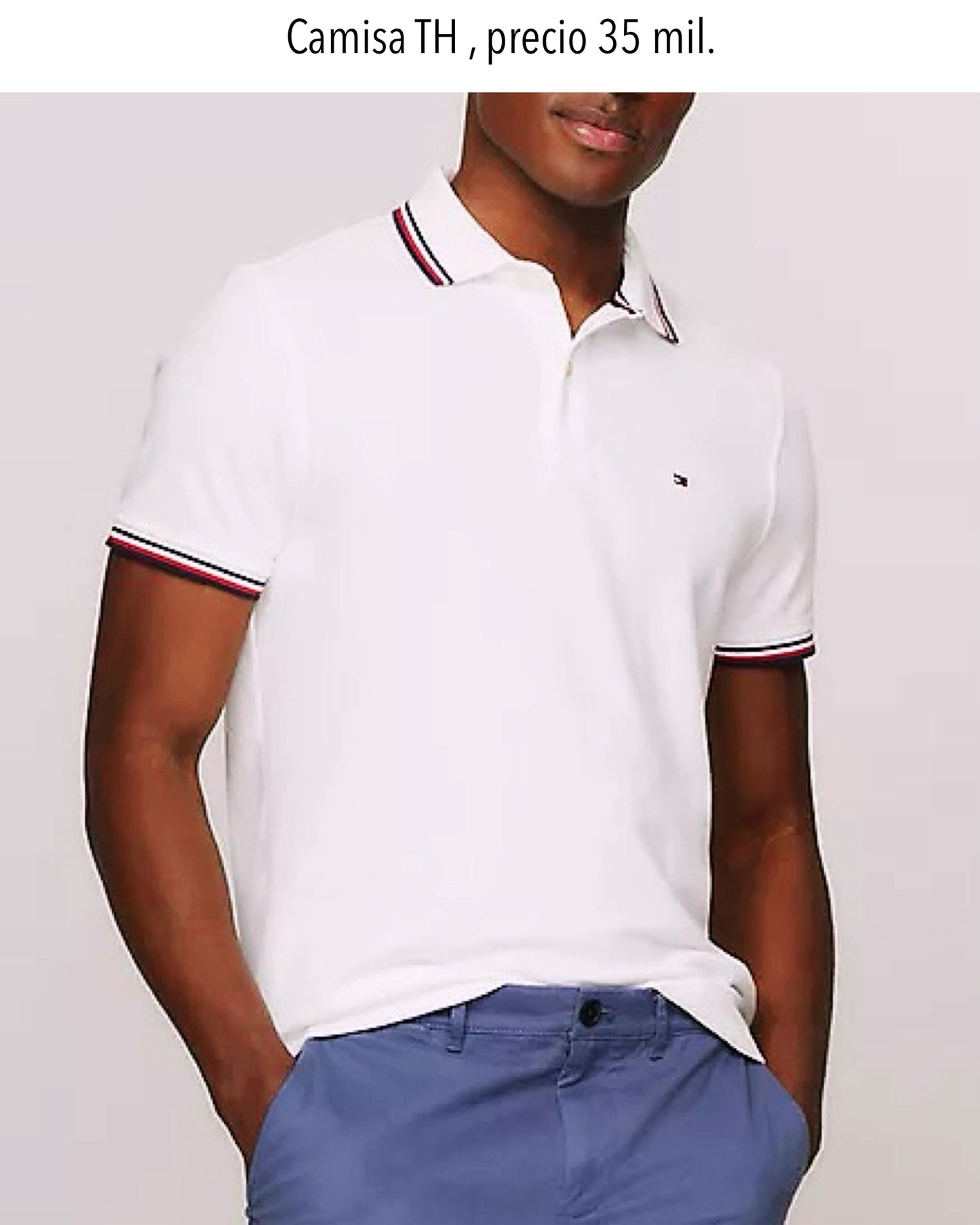 Camisa TH tipo polo blanco detalle en cuello y manga