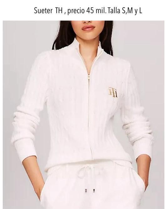 Sueter TH blanco hueso zipper bordado dorado mujer