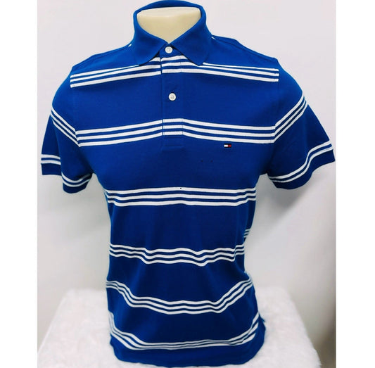 Camisa TH tipo polo azul con rayas blancas