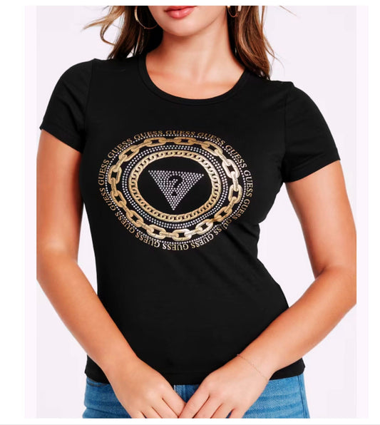 Blusa Guess negro cadenas dorado brillante mujer