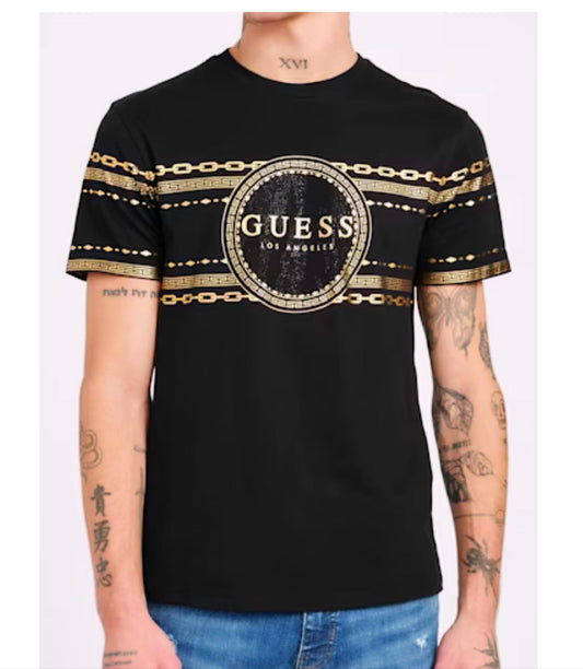 Camiseta Guess negro cadenas dorado brillantes hombre