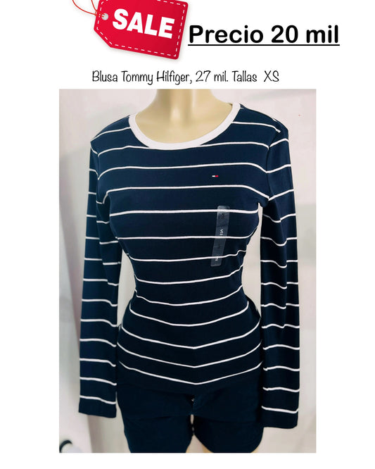 Blusa TH manga larga azul oscuro blanco