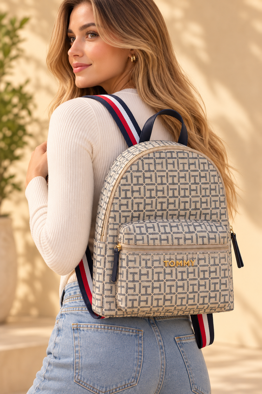 Mochila TH beige estampado, tiras de colores