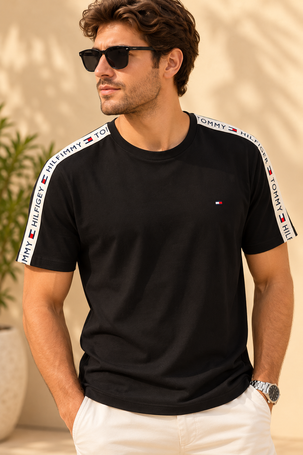 Camiseta TH negra con detalle de la marca en mangas